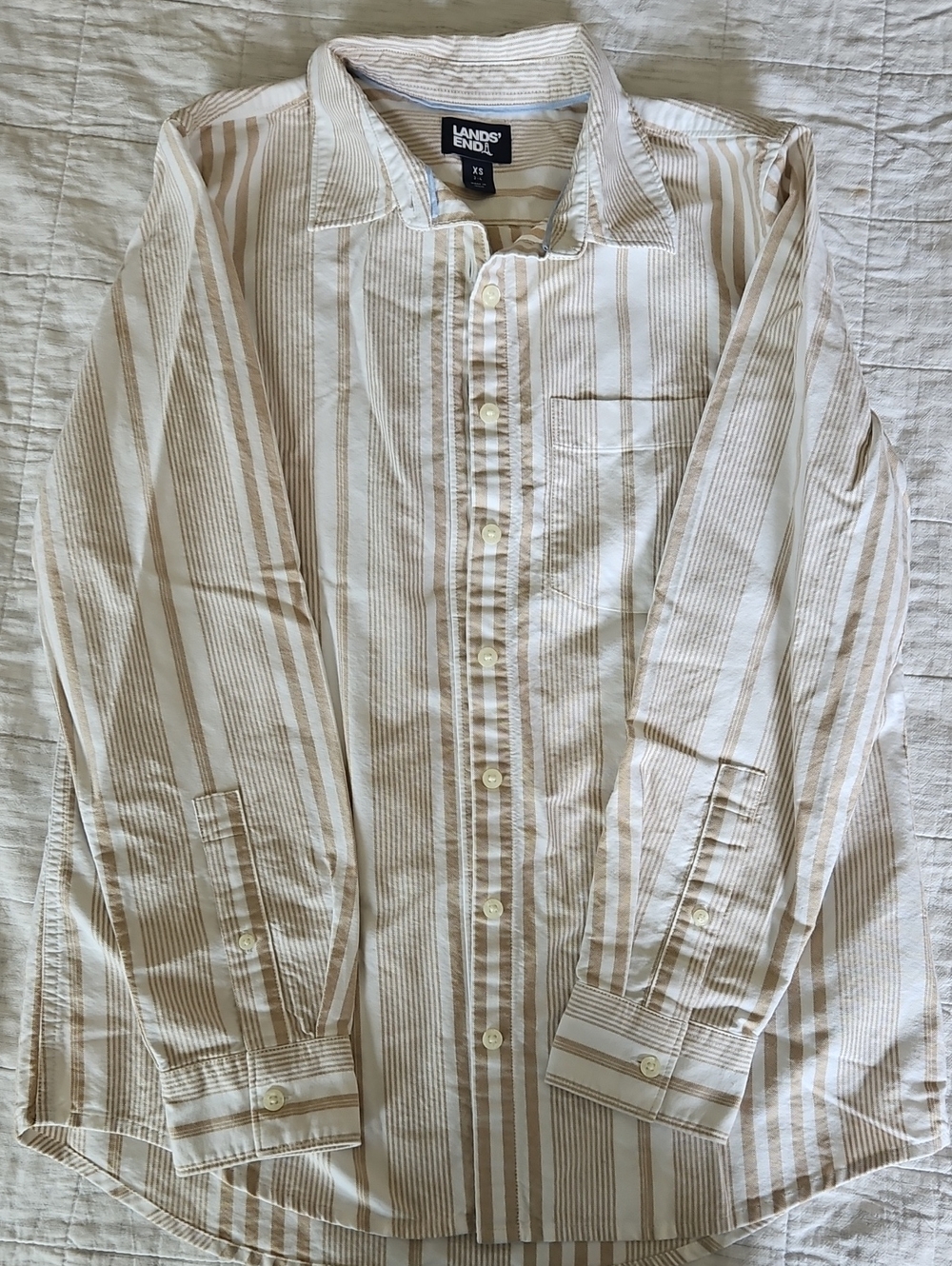 Lands' End Striped Button-Up Shirt in Beige and White